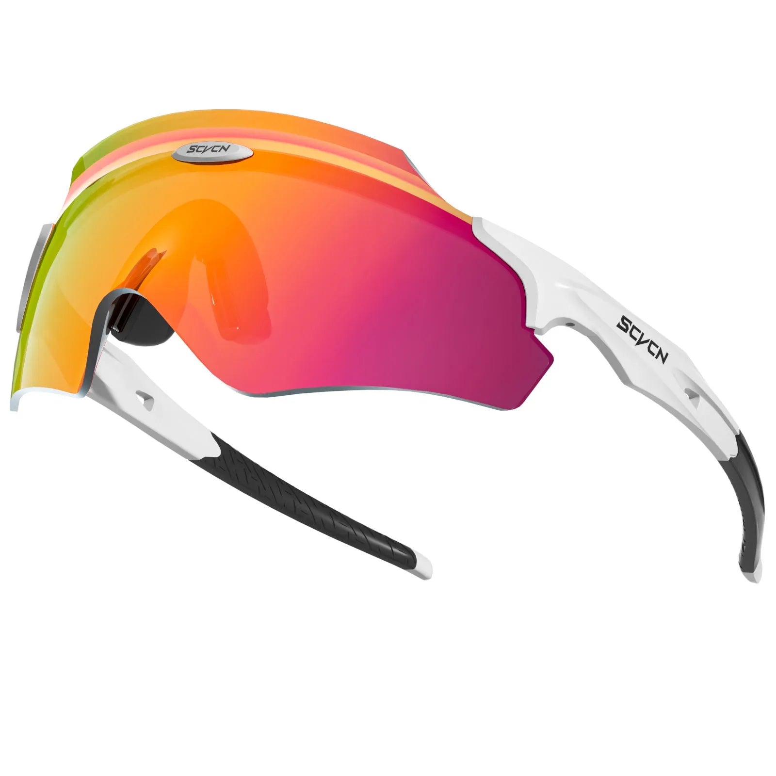 Frameless windproof sports goggles with an integrated colourful lens, shown in a sporty setting.
