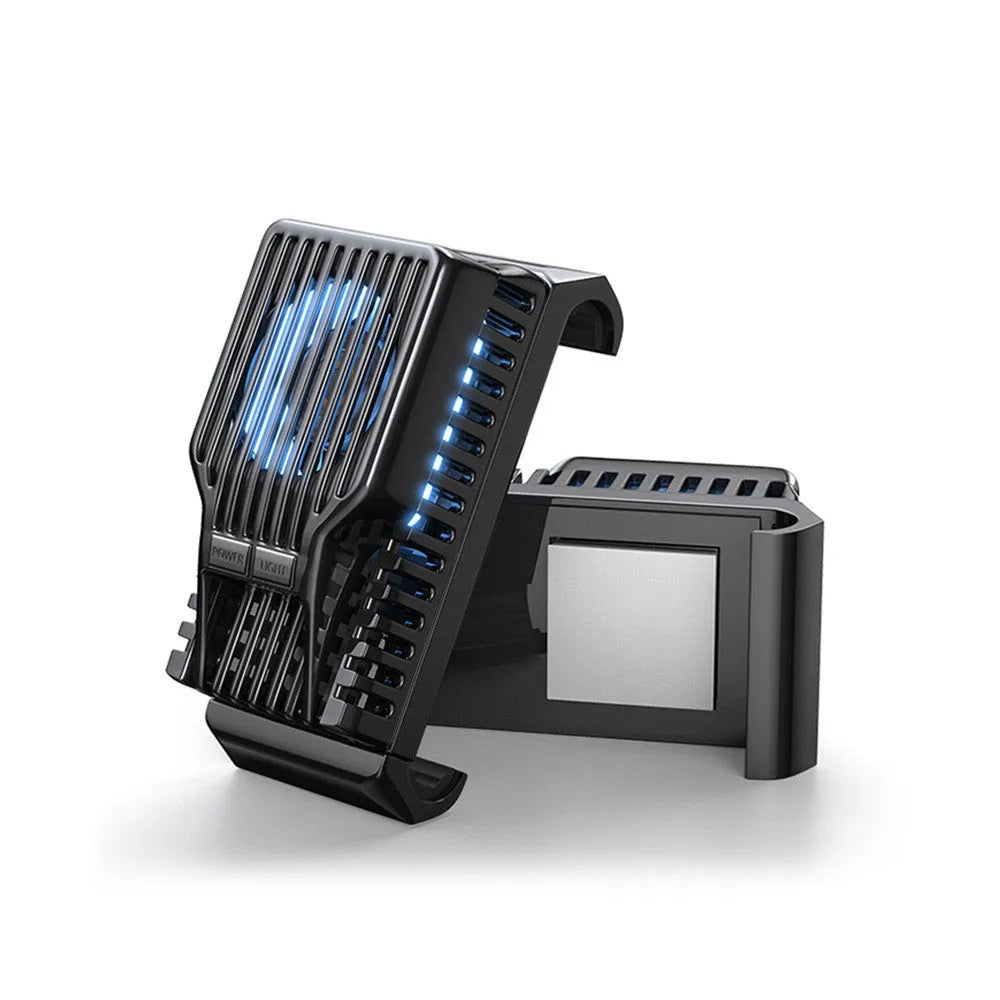 Black mobile phone cooling fan with clip attached to a smartphone, showing aluminium alloy heatsink fins.