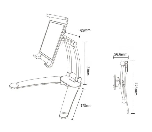 Silver aluminium alloy adjustable desktop stand holding a tablet, showing 360-degree rotation and mounting hardware.