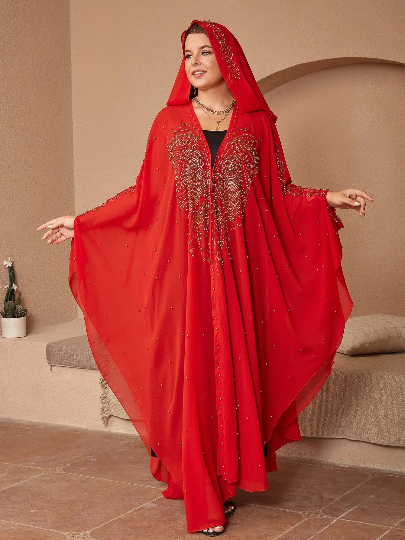 Purple chiffon cape shawl with rhinestone beading, shown draped, for women's modest wear
