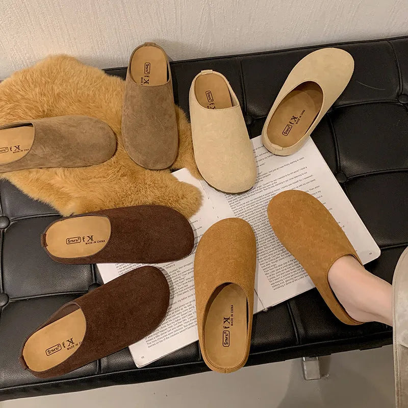 Women's outdoor slippers in apricot colour with microfiber upper, flat slip-on design, and square toe