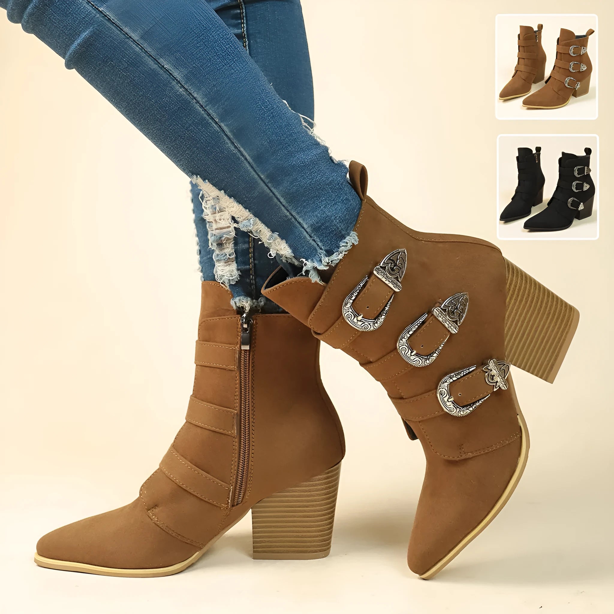 Chunky heel pointed toe retro buckle boots for women, artificial PU, black or light brown