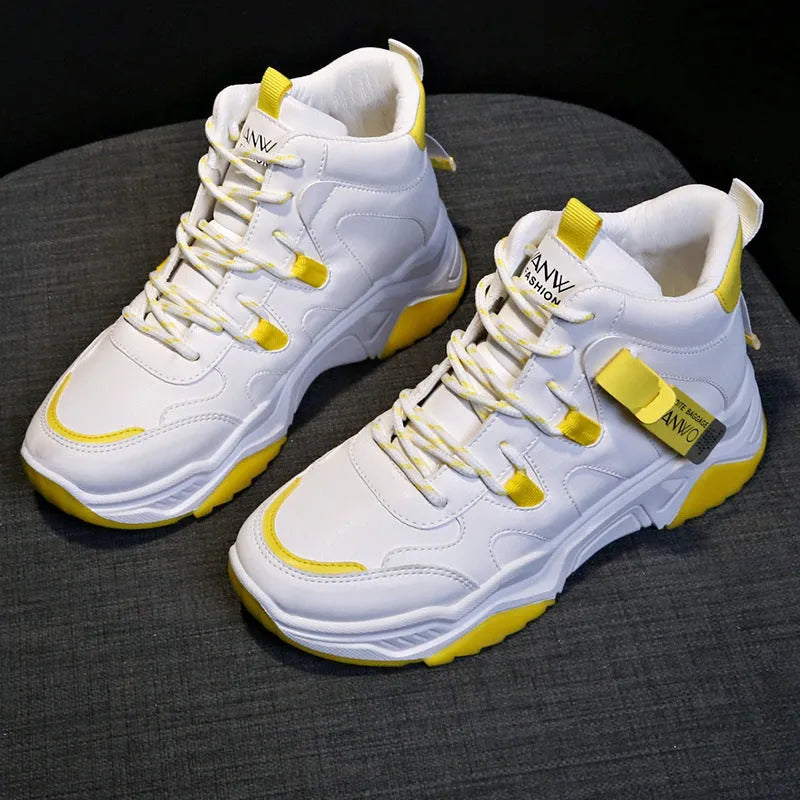 Women's high top white sneakers with PU upper, rubber sole, lace-up fastening on a plain background