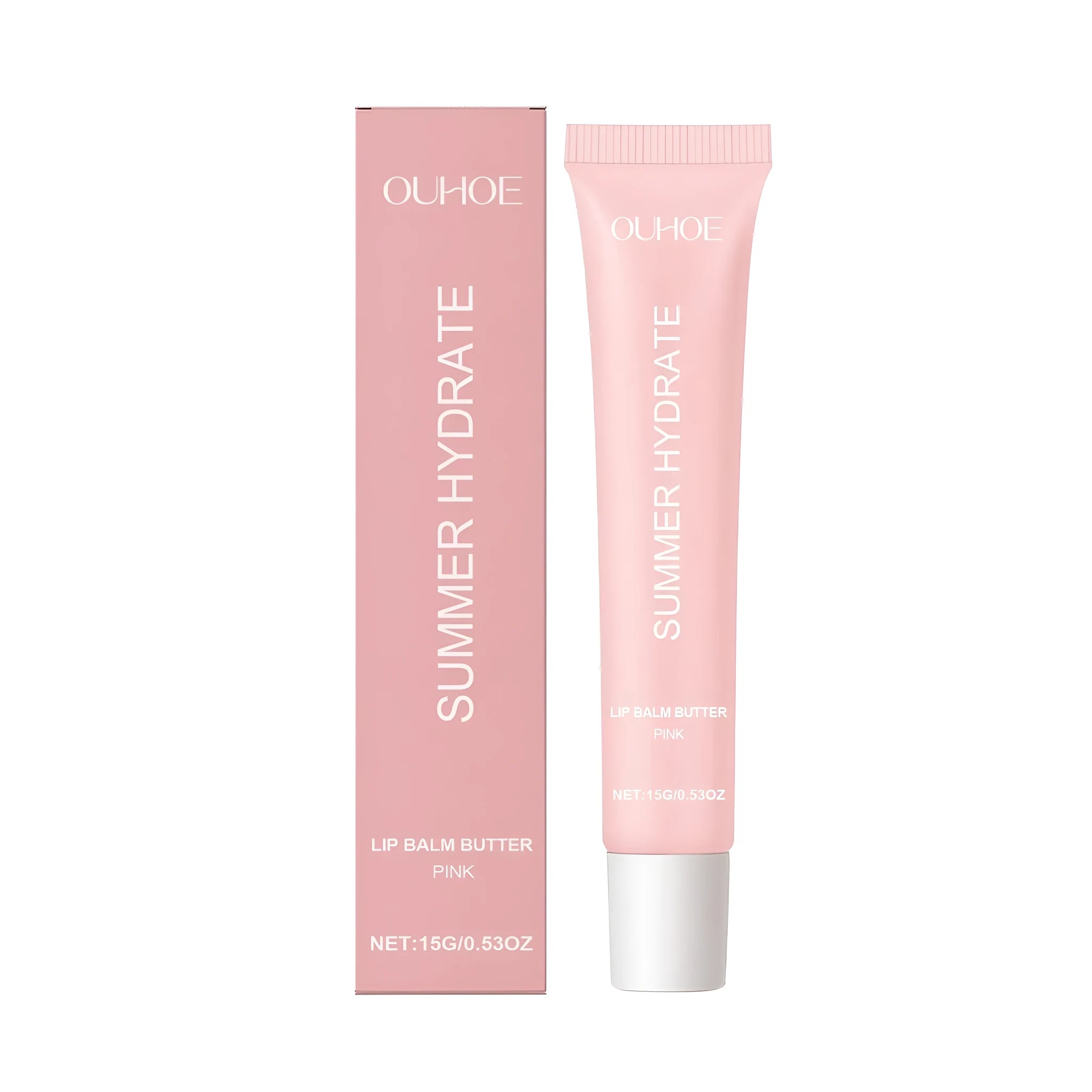 Pink packaged lip balm butter containing shea butter, vitamin E and natural oils