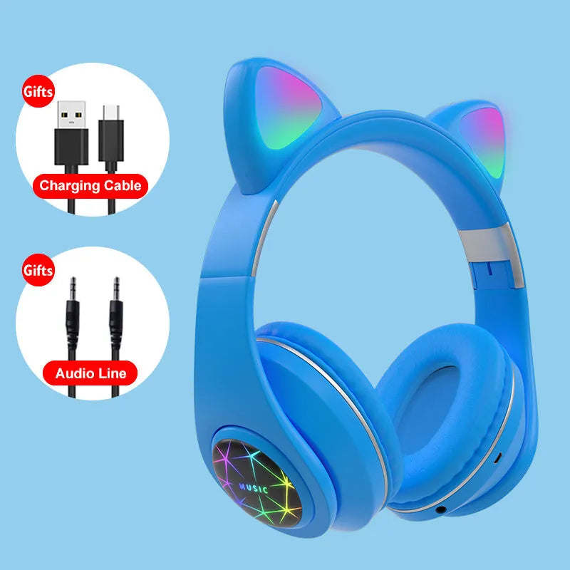 Cat ear wireless sports Bluetooth headset in various colours showing head-mounted design and earpieces