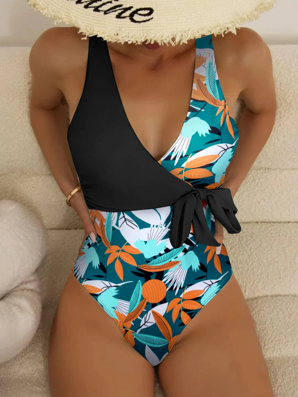 Women's high waist one-piece bikini in printed pattern with quick-dry polyester fabric