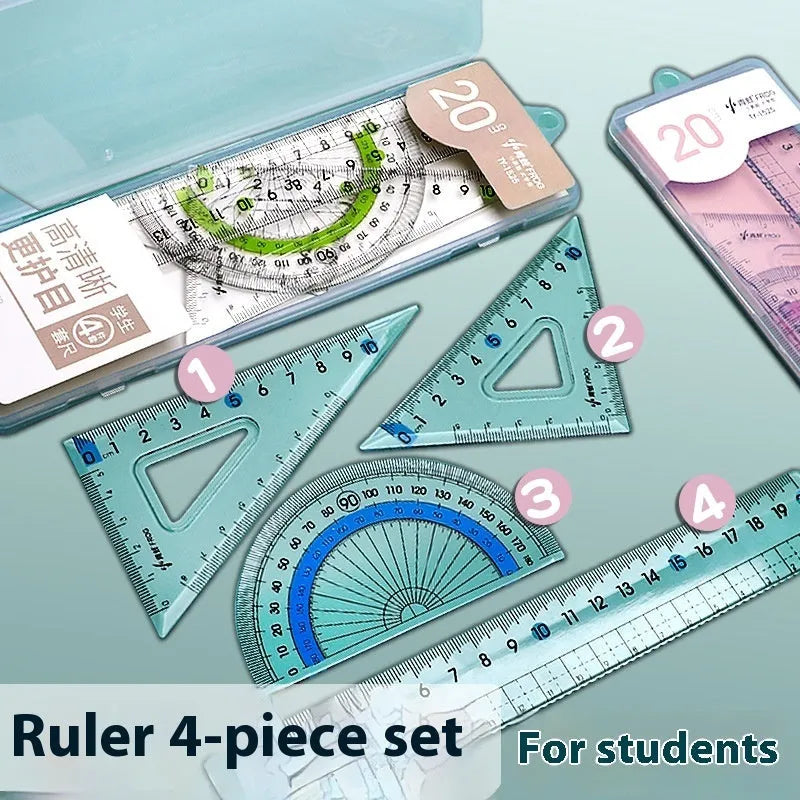 Transparent acrylic ruler set with square and protractor tools for drawing and geometry measurement