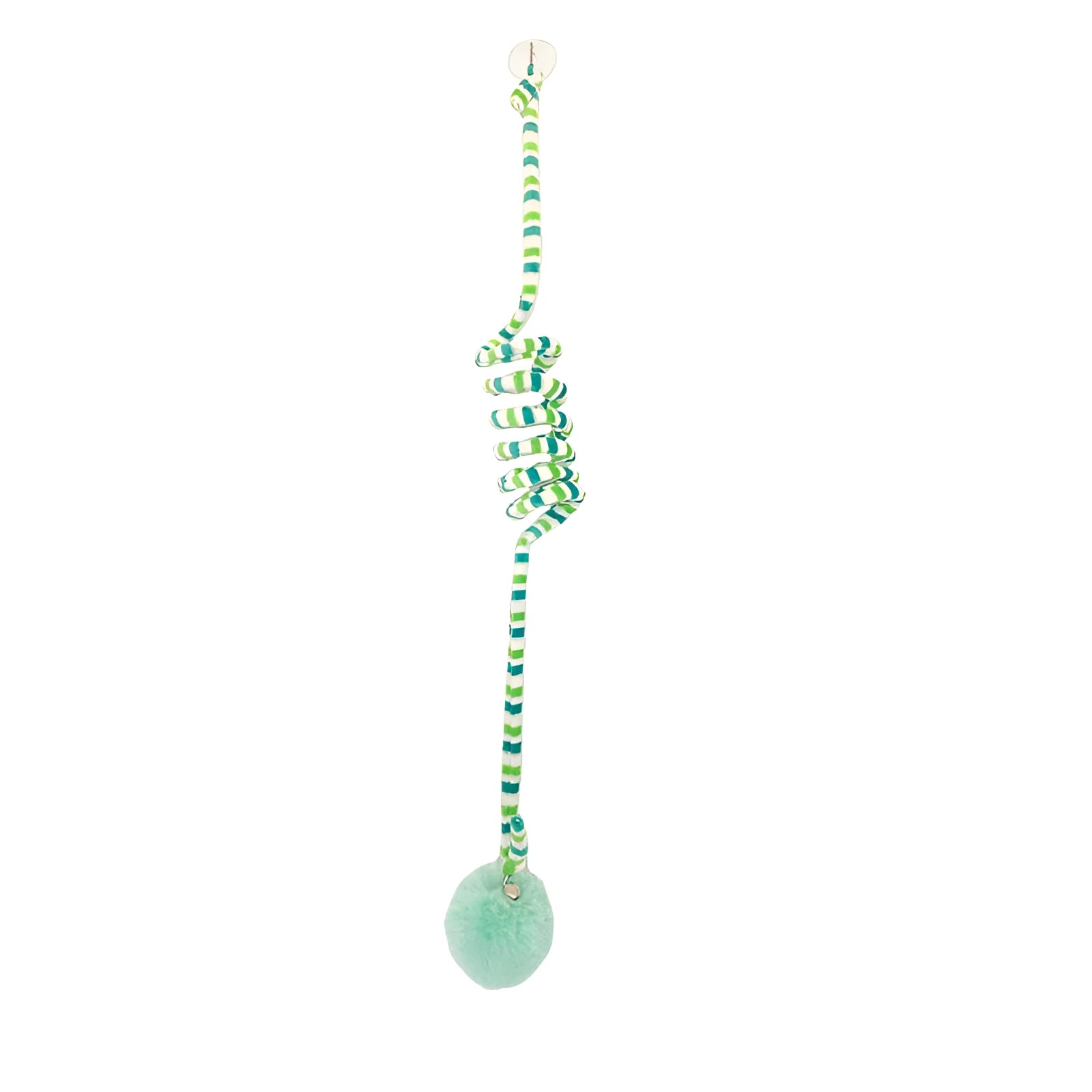 Hanging cat toy with bell stick and inflatable ball attached to door with suction cup
