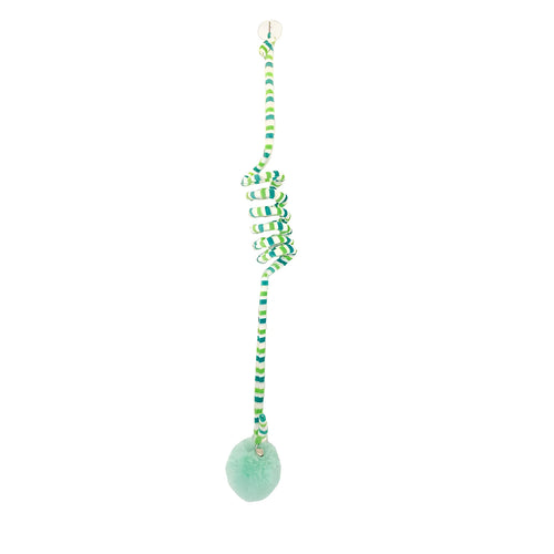 Hanging cat toy with bell stick and inflatable ball attached to door with suction cup