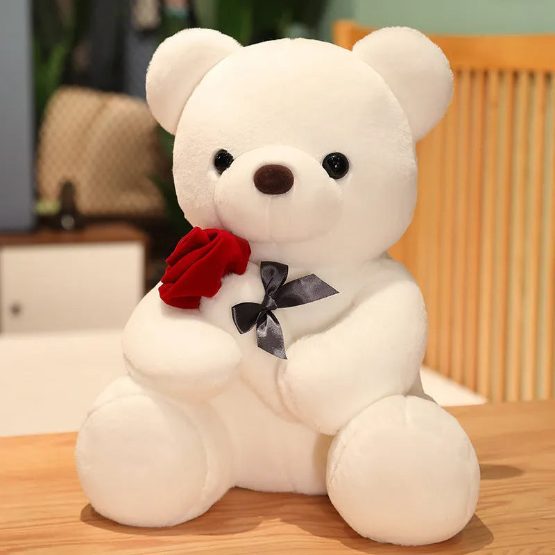 Soft plush Rose Bear teddy bear toy in beige, brown or grey, shown in sizes from 23cm to 45cm.