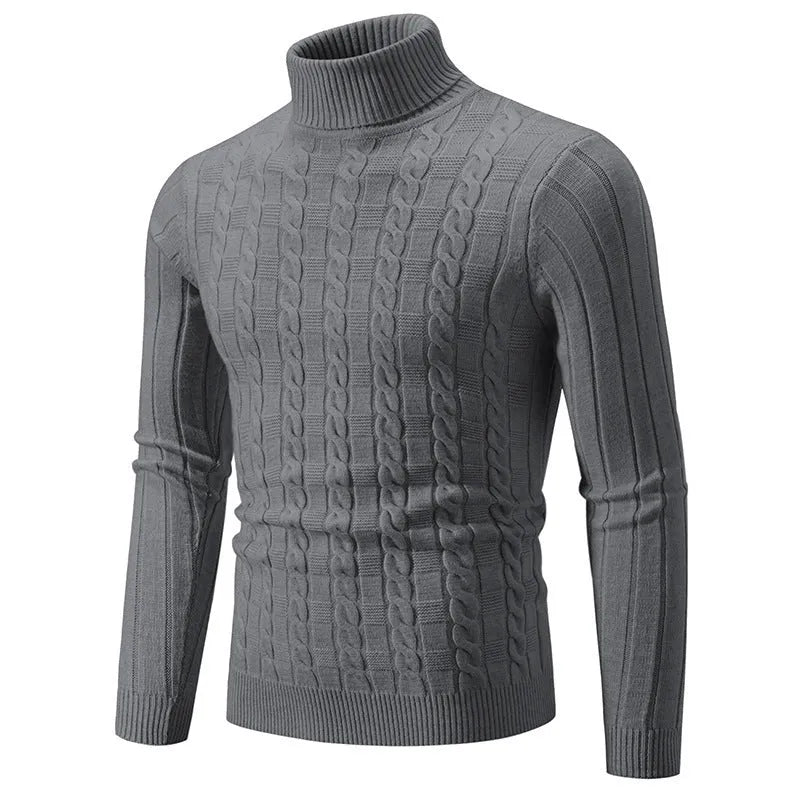 Men's slim fit chenille turtleneck pullover sweater in neutral colour on mannequin