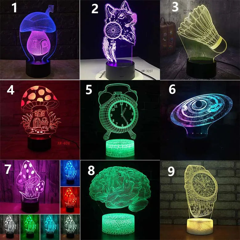 Remote control 3D LED desk lamp with colourful acrylic design and USB power cable