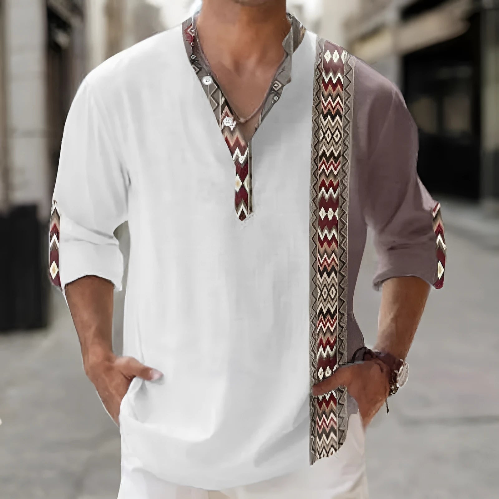 Men's long sleeve striped Hawaiian shirt in thin polyester fabric showing digital print pattern