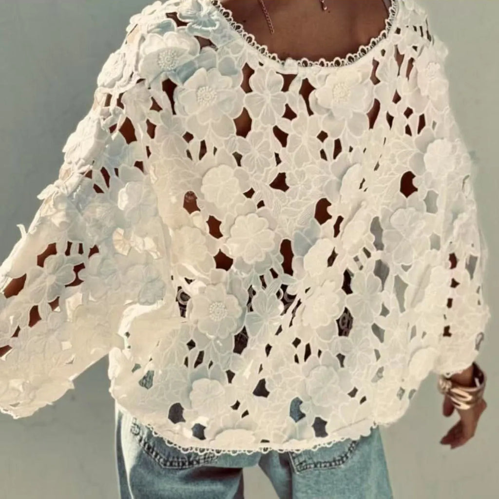 V-neck cardigan with lace flower decoration and hollow long sleeves in loose street fashion style