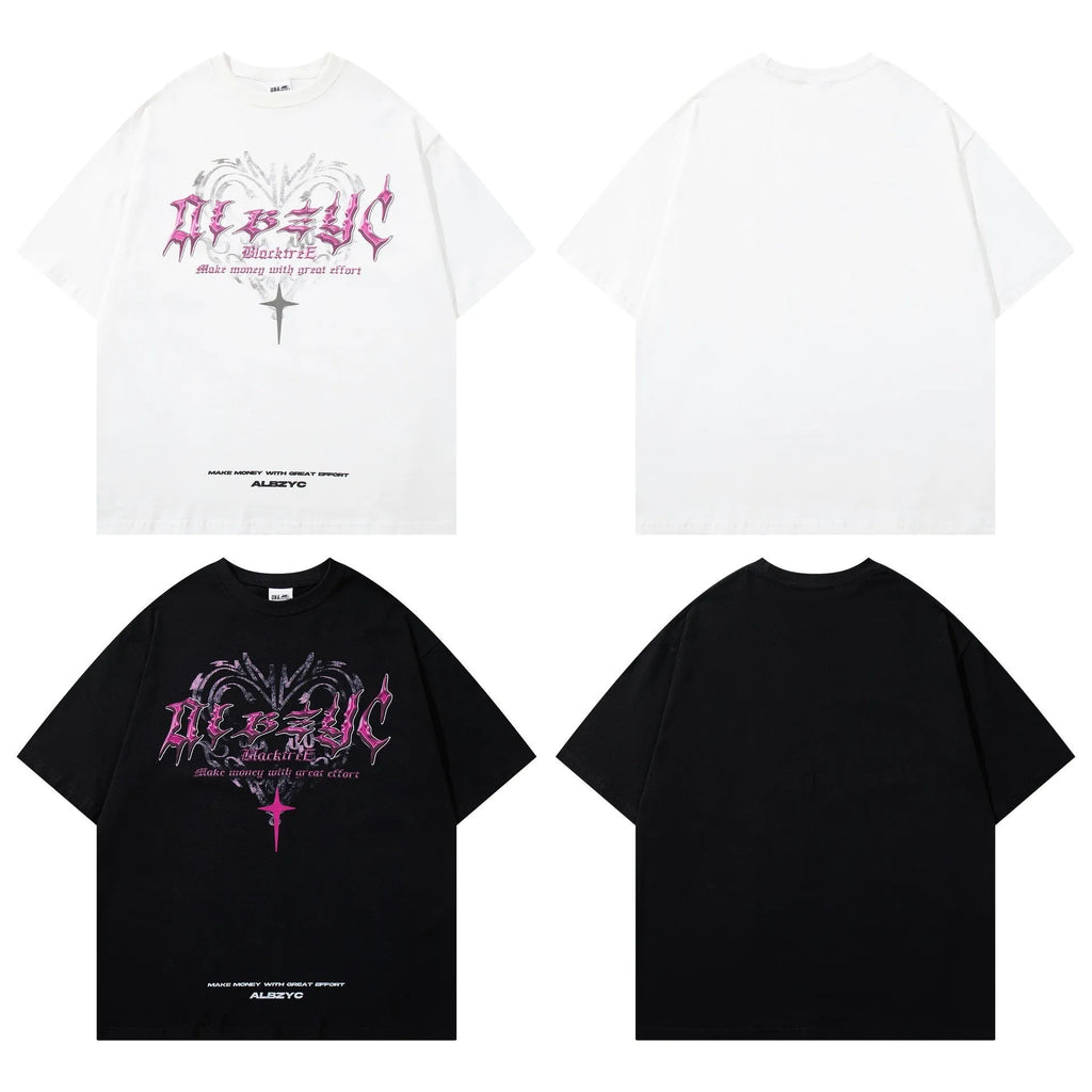 Men's black cotton t-shirt with retro graphic print, loose fit, short sleeves