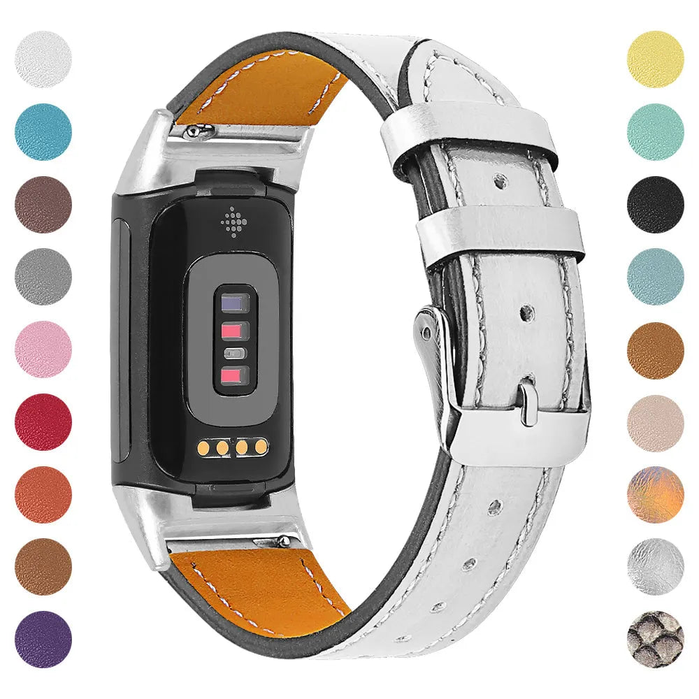 Genuine cowhide leather strap for Fitbit Charge 5 and Charge 6 smartwatch in multiple colour options.