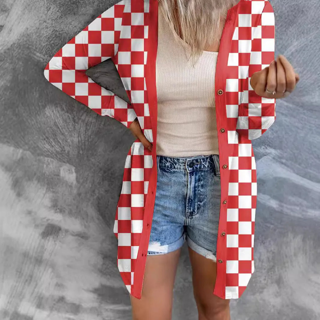 Long grey plaid knitted cardigan coat on a model, showing loose fit and regular sleeves.