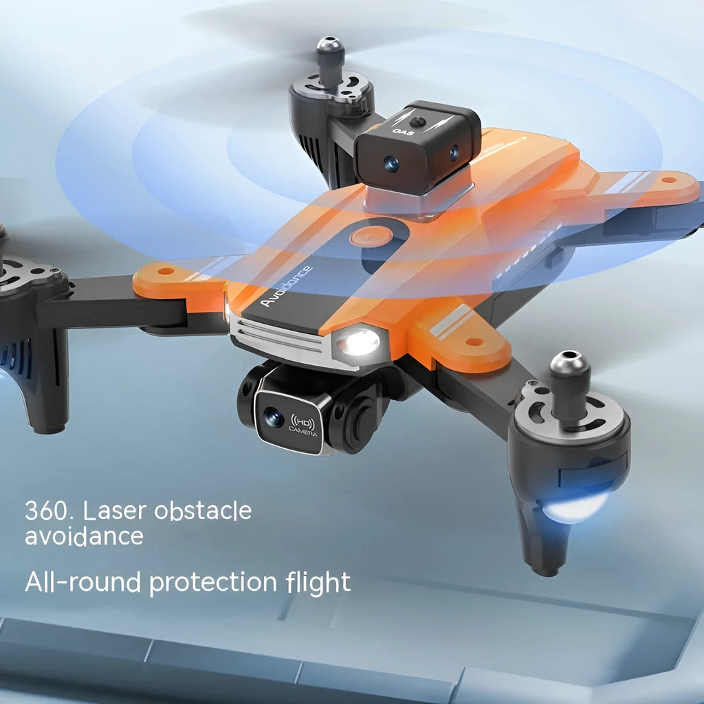 Orange quadcopter drone with dual cameras and obstacle avoidance sensors measuring under 30cm