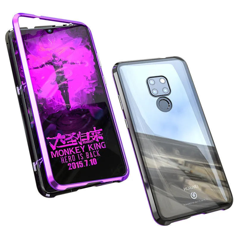 Black magnetic metal phone case with tempered glass back for Huawei P30 phone