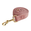 Light purple pink velvet dog collar set with leash, vest, bow, and poop bag accessories