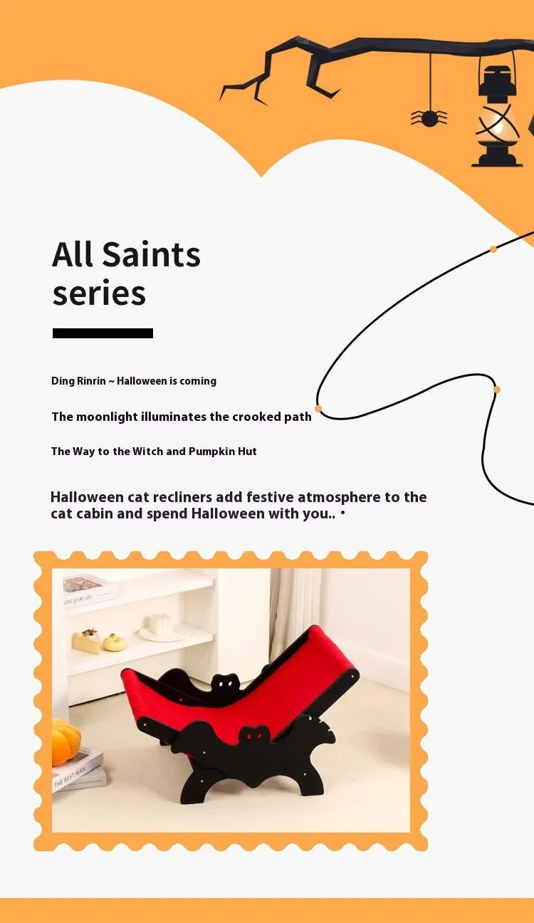 Black and red Halloween style wooden cat recliner lounge chair for indoor pet use