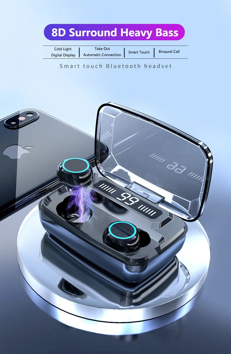 Black M11 style Bluetooth wireless headset with digital display and mobile phone holder.
