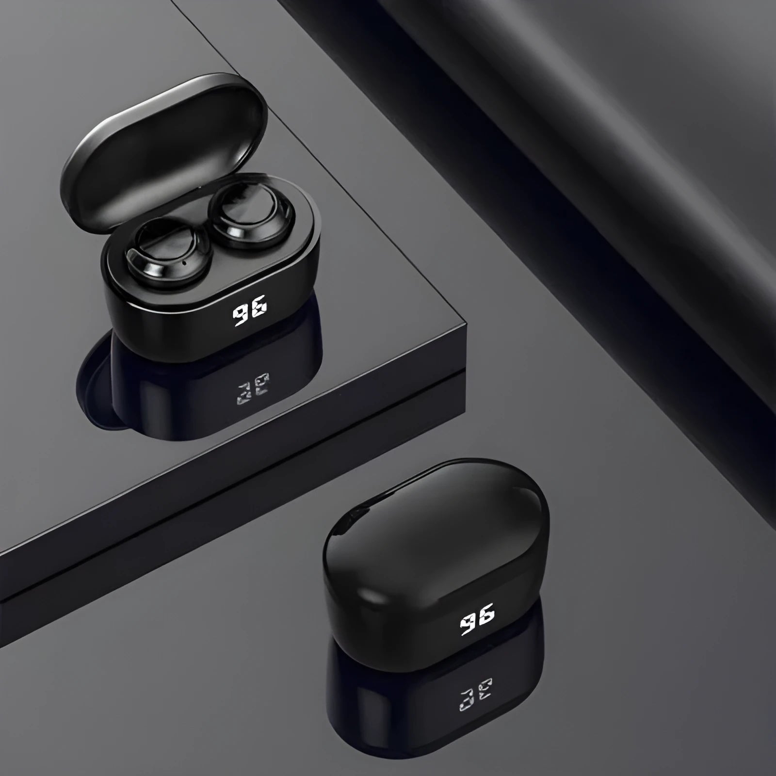 Black stereo Bluetooth earbuds with wireless charging case