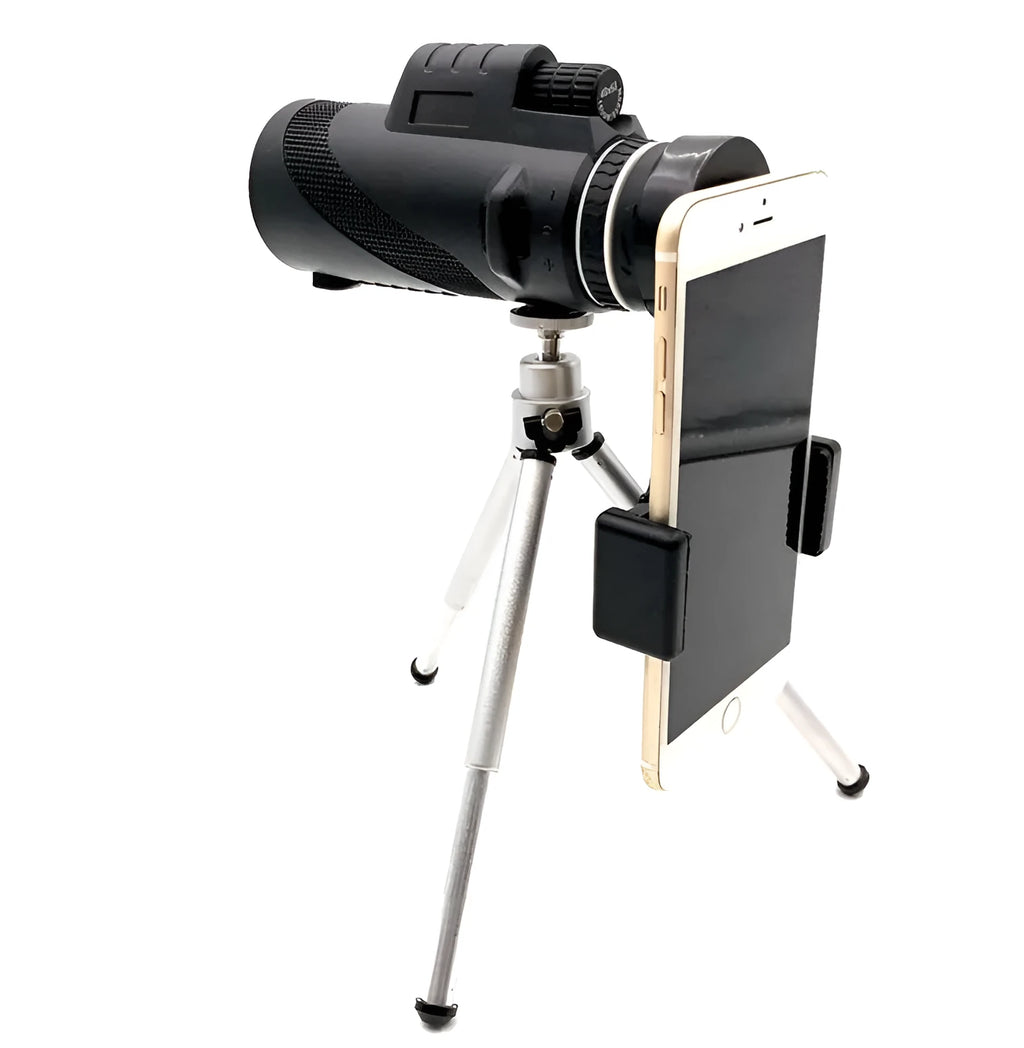 Black HD 40x60 smartphone monocular telescope with 60mm objective lens shown next to a mobile phone.