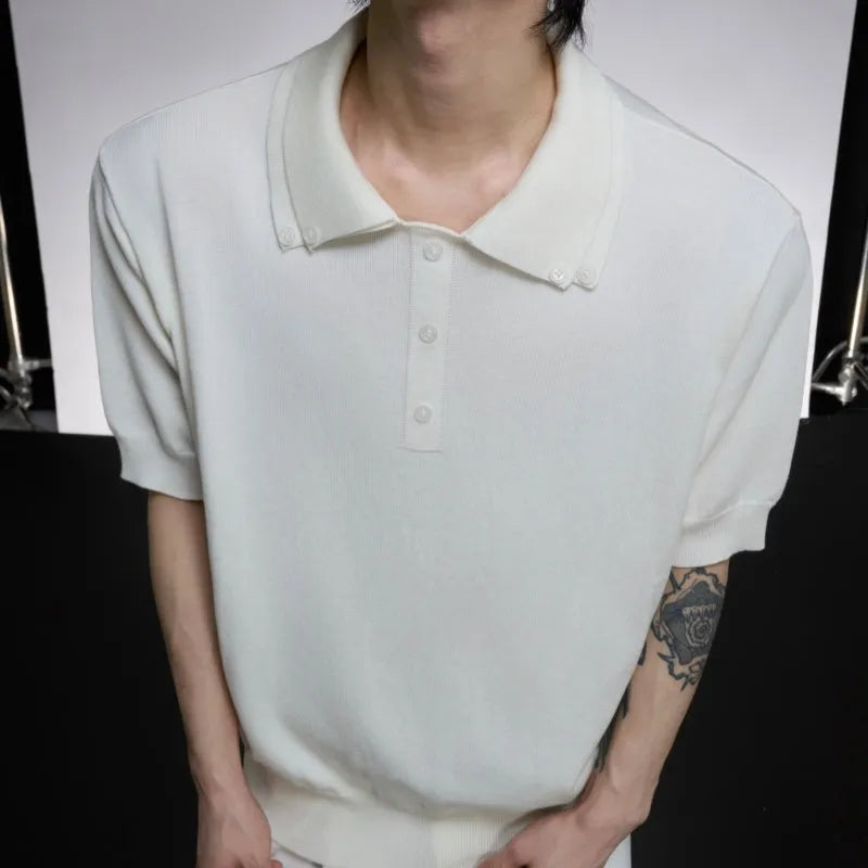 Men's black polyester short sleeve shirt with double collar lapel design and fastener decoration