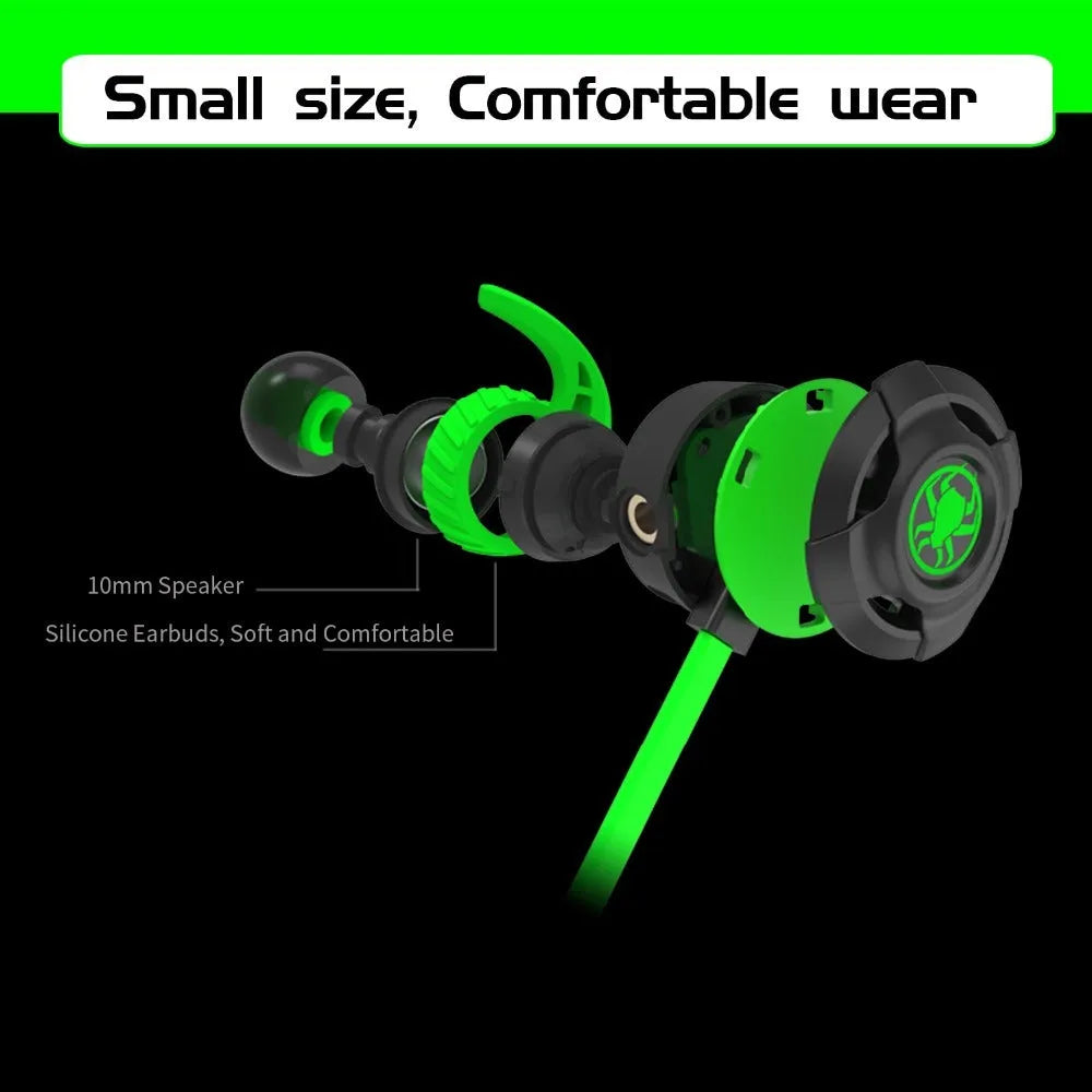 Shuangmai wired computer gaming headset in black, green and red colour options showing in-ear design and 1.5 metre cable