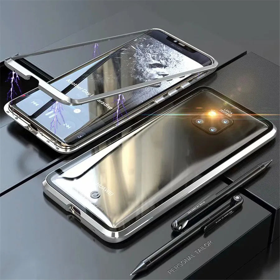 Black magnetic metal phone case with tempered glass back for Huawei P30 phone