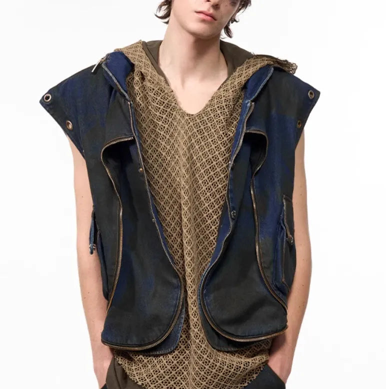 Blue hooded denim vest coat and matching trousers set on a man, showing Korean style fit.