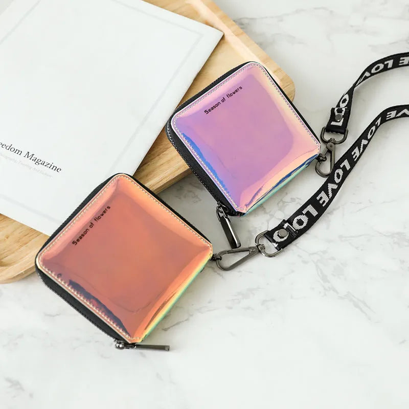 Korean style short folding women's wallet in PU leather with glitter colour options
