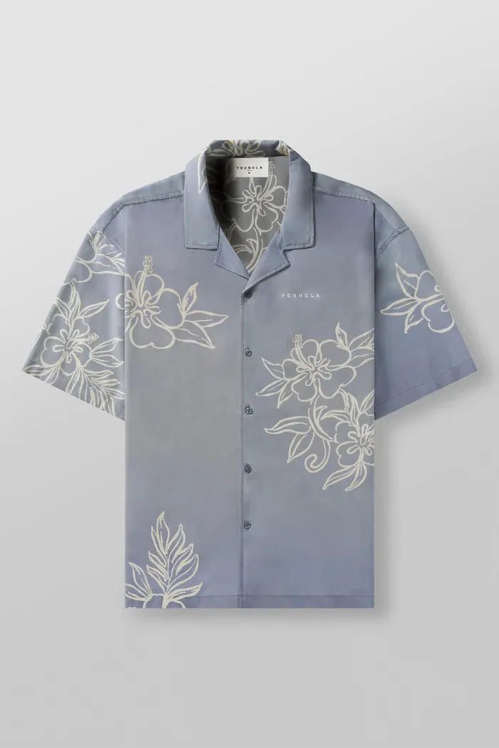 Men's printed casual top with flower pattern, loose cardigan style, and short sleeves in elastic polyester fabric