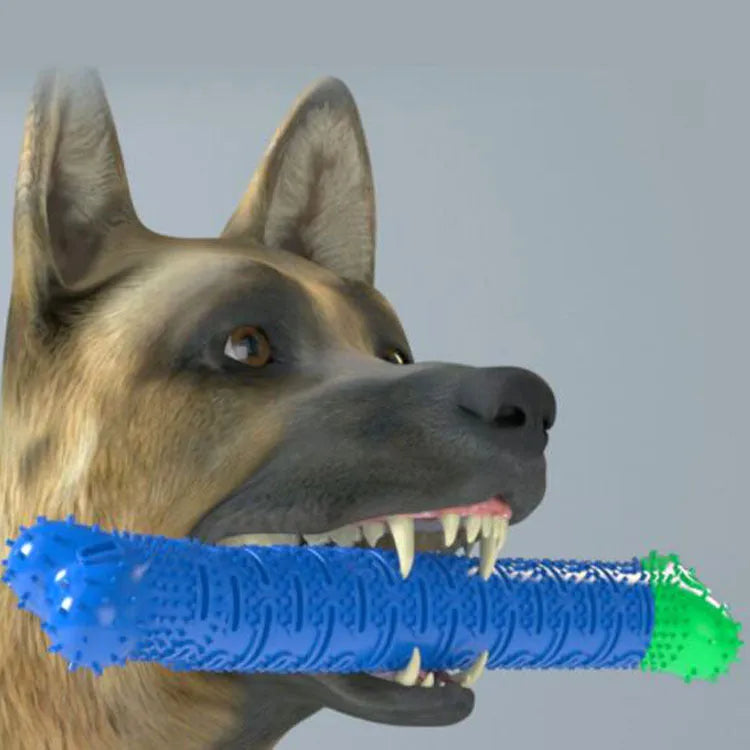 Blue green silicone dog dental toy with brush head design and massage nodules for teeth cleaning