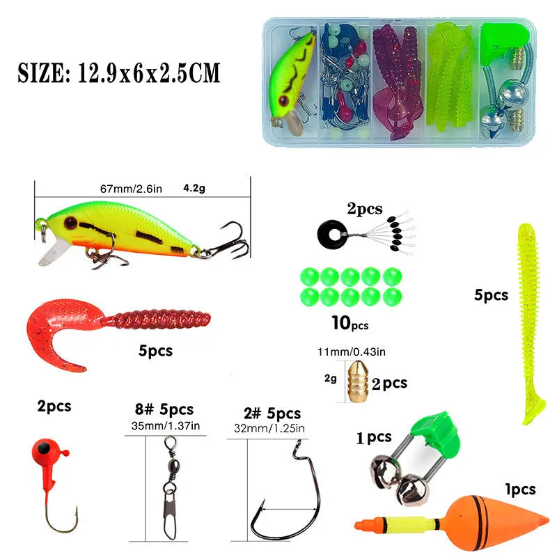 Children's fishing rod with integrated pole and wheel in blue, green, red or yellow colours