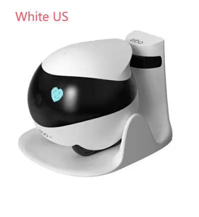 White smart home mobile surveillance robot camera on a charging dock.
