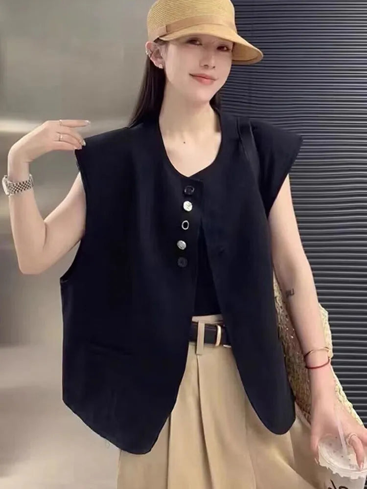 Women's Milky White V-neck polyester vest with side pockets, shown on a model.