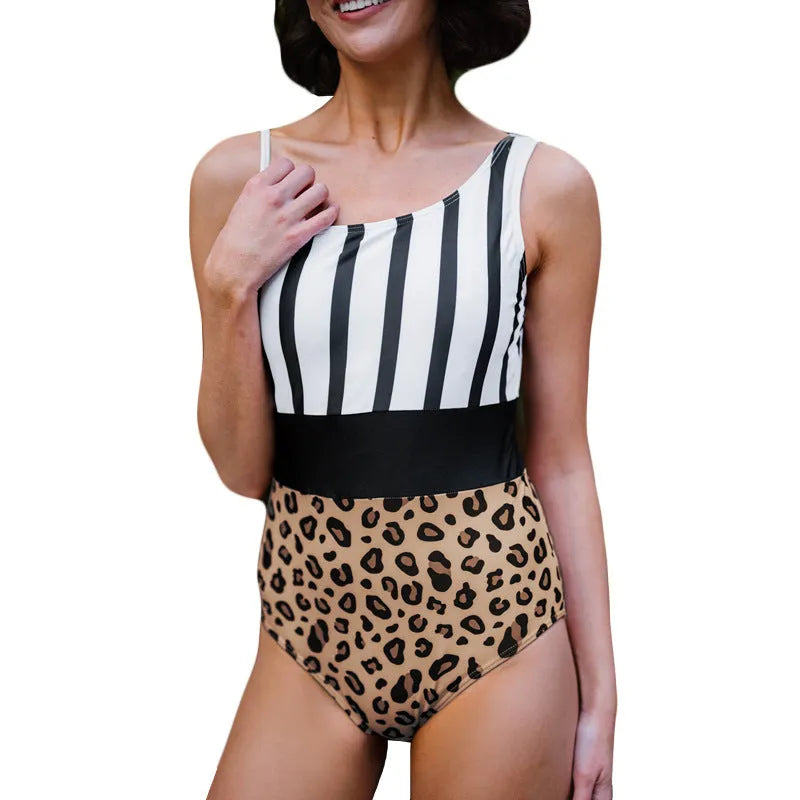 Women's leopard print one-piece swimsuit with asymmetric collar and high-waist triangle brief design
