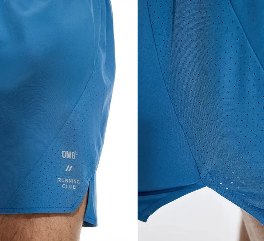 Men's black four-point stretch running shorts with laser punch stitching detail