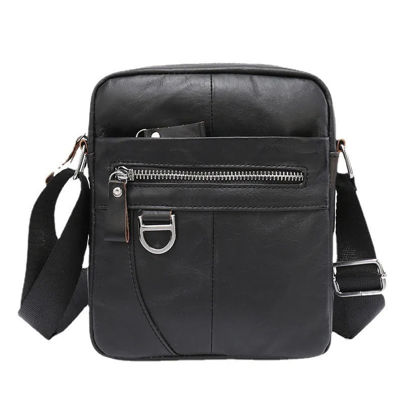 Genuine leather retro messenger bag 8 inch cowhide shoulder crossbody for men black solid colour