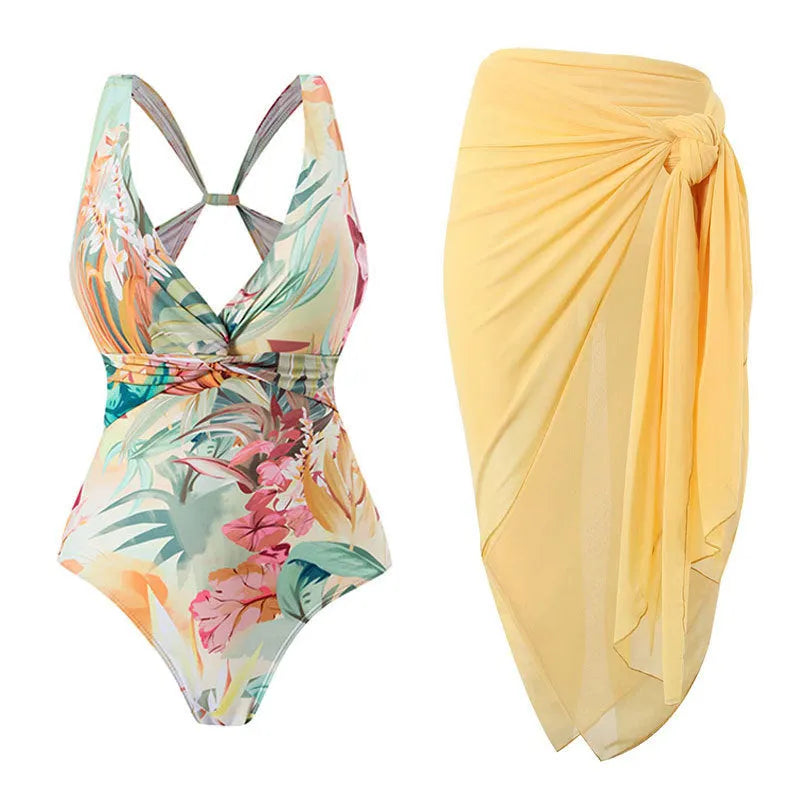 Conservative vintage print one-piece swimsuit with short sleeves in yellow flower pattern