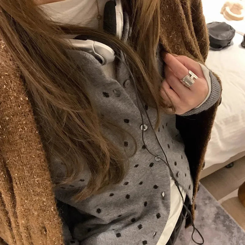 Women's Korean-inspired grey dot pattern knitted cardigan with crocheted flower details and long sleeves
