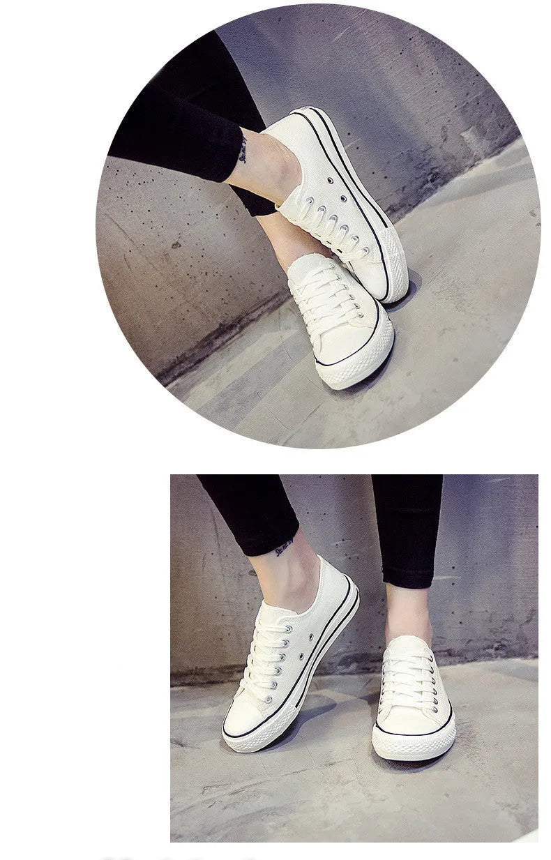 Women's solid-colour casual canvas shoes in black, white and black, white and red, or all black colourways.