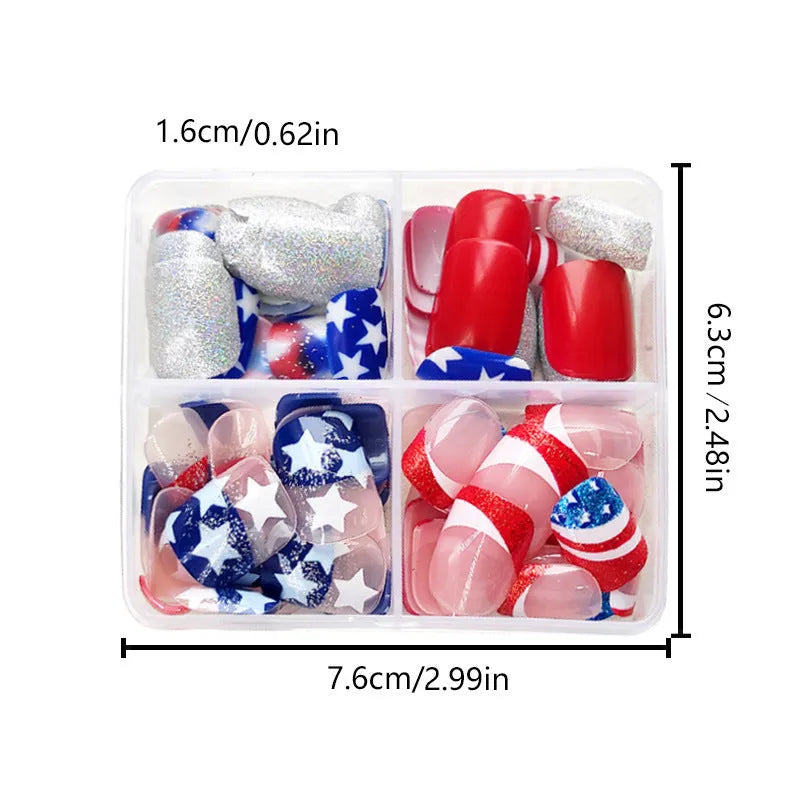 American Independence Day press-on false nails with red, white and blue star design in short square shape