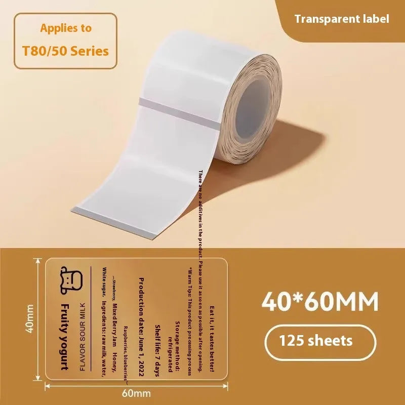 Pack of transparent waterproof adhesive sticker labels in various rectangular and round sizes on a sheet
