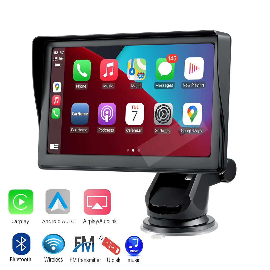 7-inch portable car smart display with retractable mount on a car dashboard showing navigation