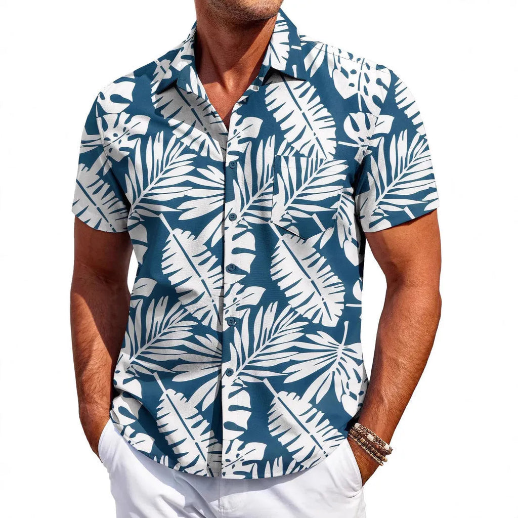 Men's slim fit Hawaiian shirt with short sleeves in elastic polyester fabric