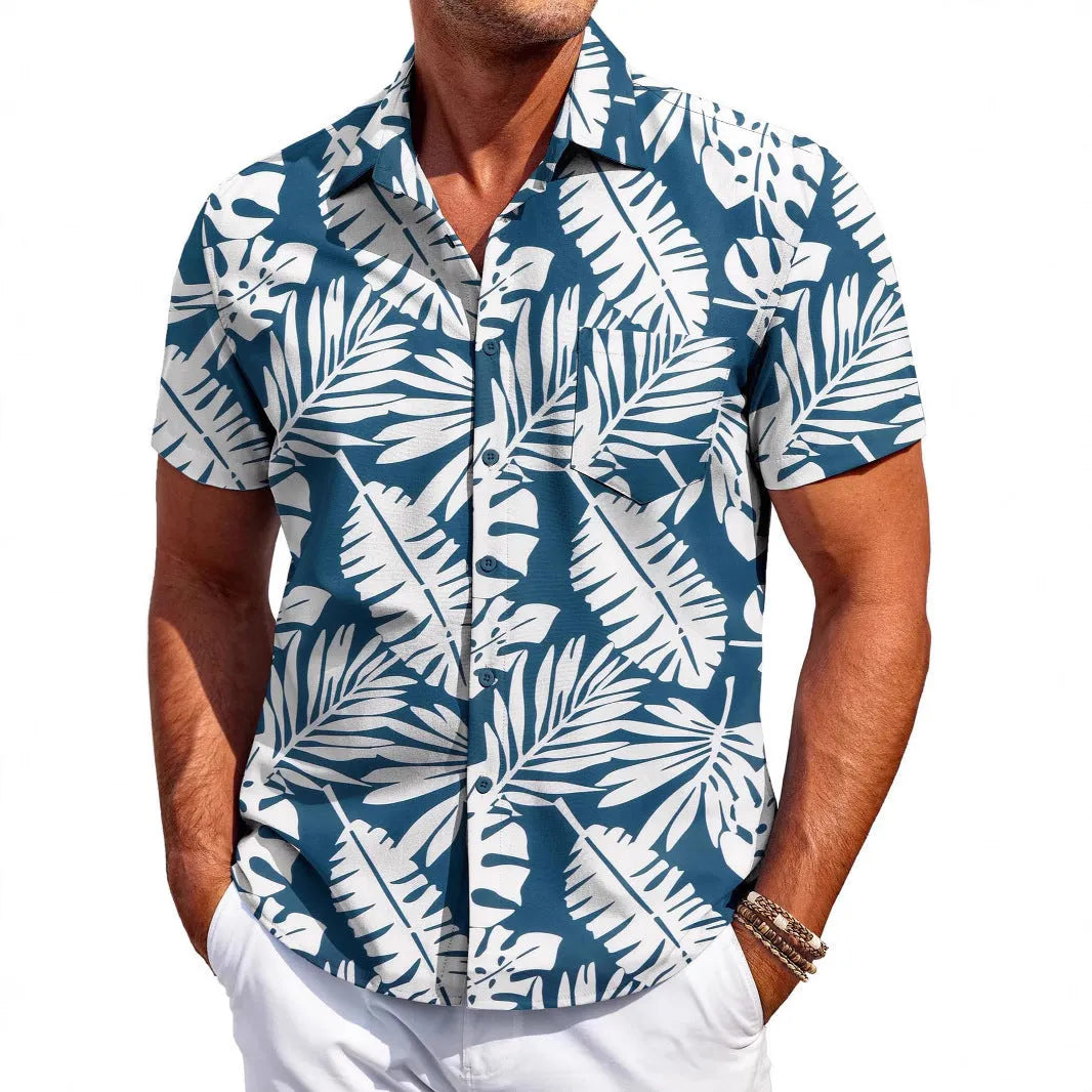 Men's slim fit Hawaiian shirt with short sleeves in elastic polyester fabric