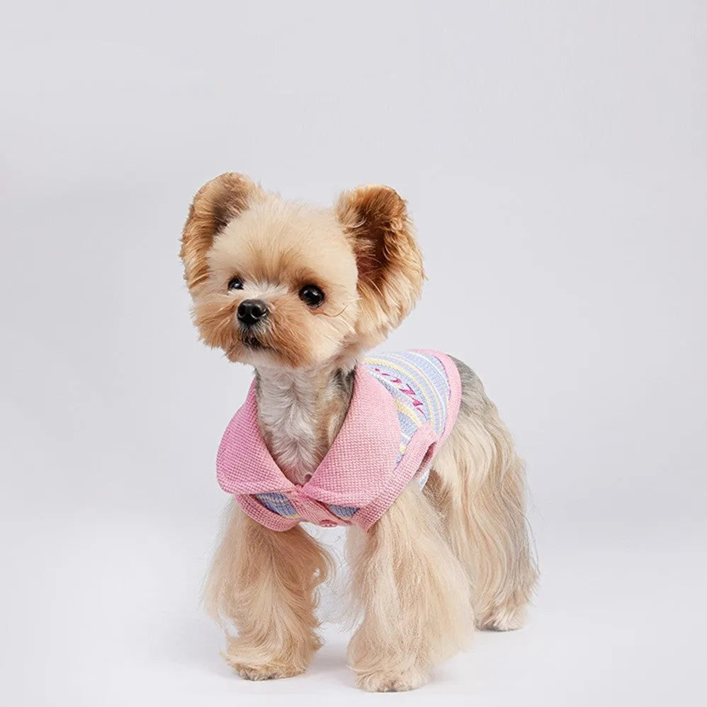 Pink purple vest for small dogs and cats with size chart showing seven weight ranges